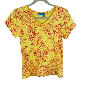 Fresh Produce 100% Cotton Yellow Pink Coral V-Neck Short Sleeve T-Shirt Size S